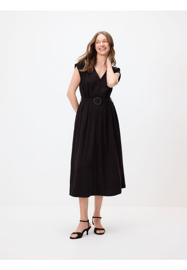 Reserved - Sukienka z dodatkiem lnu - ciemnobrązowy. Kolor: brązowy. Materiał: len