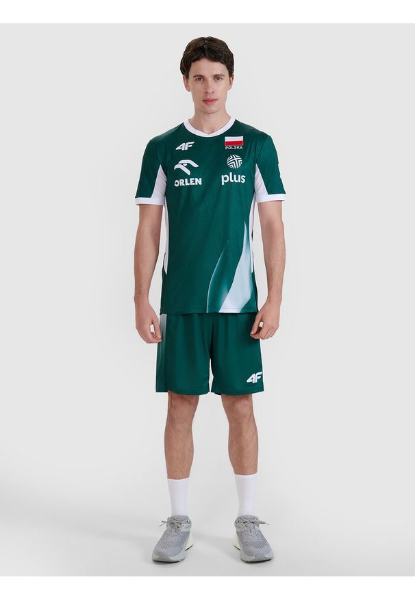 4f - 4F Spodenki meczowe replika męskie 4F x Polska Siatkówka - zielone L. Kolor: zielony. Materiał: włókno, dzianina, materiał, syntetyk. Długość: krótkie. Wzór: aplikacja, gładki, ze splotem. Sport: siatkówka