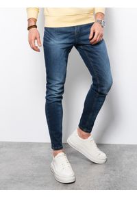Ombre Clothing - Spodnie jeansowe męskie SLIM FIT P1023 - ciemnoniebieskie - L. Okazja: na co dzień. Kolor: niebieski. Materiał: jeans. Styl: casual, klasyczny