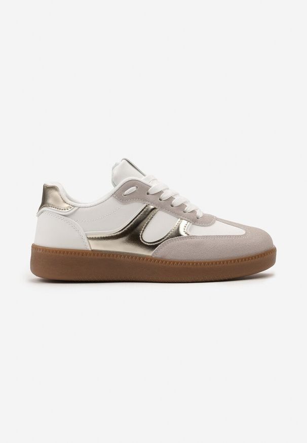 Born2be - Biało-Złote Sneakersy Tenisówki na Kauczukowej Podeszwie Ondriama. Okazja: na co dzień. Kolor: biały. Materiał: kauczuk