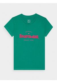 4F JUNIOR - T-shirt z nadrukiem dziewczęcy - zielony. Okazja: na co dzień. Kolor: zielony. Materiał: dzianina, jersey, bawełna. Długość rękawa: krótki rękaw. Długość: krótkie. Wzór: nadruk. Sezon: lato. Styl: klasyczny, casual, sportowy