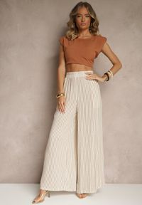 Renee - Beżowo-Brązowe Szerokie Spodnie High Waist w Paski z Bawełny Silorea. Okazja: na co dzień. Stan: podwyższony. Kolor: beżowy. Materiał: bawełna. Wzór: paski. Styl: elegancki, casual