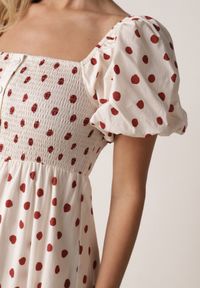 Born2be - Beżowa Sukienka Bawełniana o Rozkloszowanym Kroju z Bufiastymi Rękawami w Groszki Lorairian. Kolor: beżowy. Materiał: bawełna. Wzór: grochy. Styl: klasyczny #2