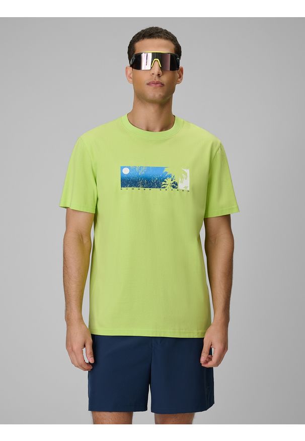 4f - 4F T-shirt regular z nadrukiem męski - zielony S. Okazja: na co dzień. Kolor: zielony. Materiał: materiał, bawełna, dzianina. Wzór: nadruk. Styl: sportowy, klasyczny, casual