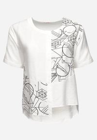 Born2be - Biała Bawełniana Bluzka T-shirt z Krótkim Rękawem z Nadrukiem i Guzikami Fiomara. Okazja: do pracy. Kolor: biały. Materiał: bawełna. Długość rękawa: krótki rękaw. Długość: krótkie. Wzór: nadruk #4