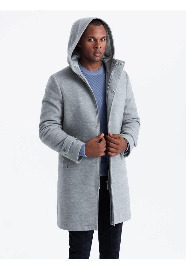 Ombre Clothing - Monochromatyczny długi męski płaszcz z kapturem – szary melanż V1 OM-COWC-22FW-005 - XXL. Okazja: na co dzień. Typ kołnierza: kaptur. Kolor: szary. Materiał: tkanina, materiał, syntetyk, poliester, wiskoza. Długość: długie. Wzór: melanż. Styl: elegancki, wizytowy, casual
