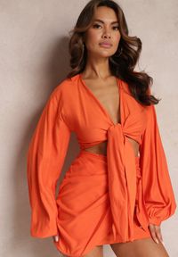 Renee - Pomarańczowy 2-częściowy Komplet Casual z Bluzką i Spódnicą Mini Udekorowanych Wiązaniem Beasia. Kolor: pomarańczowy #4