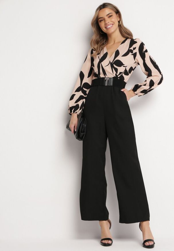 Born2be - Czarno-Różowy Elegancki Kombinezon ze Wzorzystą Górą Szerokimi Nogawkami i Paskiem Grepia. Okazja: na co dzień. Kolor: czarny. Styl: elegancki