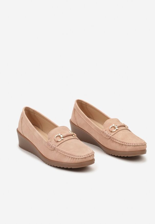 Born2be - Różowe Półbuty na Koturnie w stylu Mokasynów Laquinta. Zapięcie: klamry. Kolor: różowy. Materiał: jeans. Obcas: na koturnie. Styl: klasyczny, elegancki