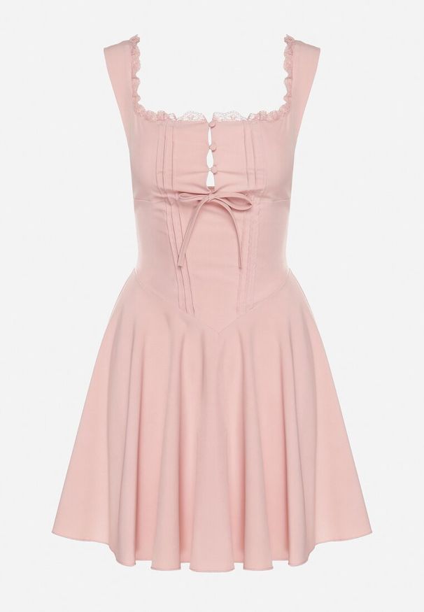 Born2be - Różowa Rozkloszowana Sukienka Vices w Rustykalnym Stylu z Wiązaniem Gorsetowym Foliora. Okazja: na co dzień. Typ kołnierza: dekolt gorset. Kolor: różowy. Długość rękawa: na ramiączkach. Typ sukienki: gorsetowe. Styl: casual, elegancki, klasyczny