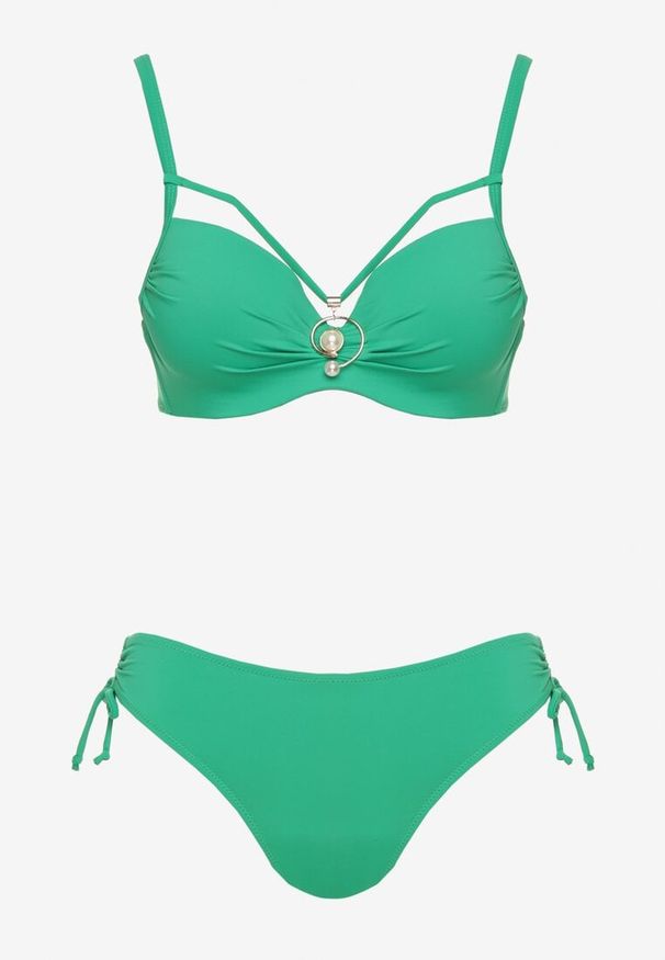 Born2be - Ciemnozielone Bikini Biustonosz z Aplikacją i Majtki Figi ze Ściągaczami Ulosella. Kolor: zielony. Wzór: aplikacja