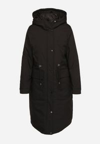 Born2be - Czarna Długa Kurtka z Kapturem i Ściągaczem w Talii Tarlinia. Okazja: na co dzień. Typ kołnierza: kaptur. Kolor: czarny. Materiał: dzianina. Długość: długie. Wzór: aplikacja. Styl: casual, elegancki #4