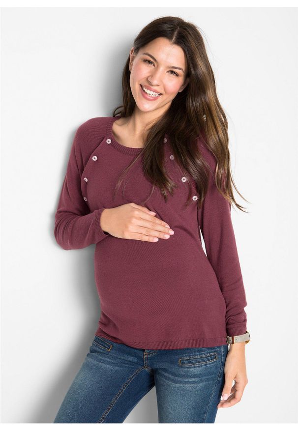 bonprix - Sweter z cienkiej dzianiny 2 w 1 na okres ciąży i podczas karmienia piersią z cienkiej dzianiny. Kolekcja: moda ciążowa. Kolor: czerwony. Materiał: dzianina. Długość rękawa: długi rękaw. Długość: długie. Wzór: ze splotem