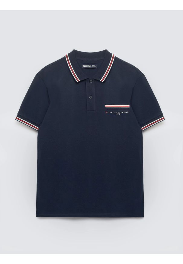 Big-Star - Koszulka męska polo z kontrastowym wykoŅczeniem granatowa Polos 403. Okazja: na spotkanie biznesowe, na co dzień. Typ kołnierza: polo. Kolor: niebieski. Materiał: dzianina. Wzór: ze splotem, nadruk. Styl: elegancki, biznesowy, casual