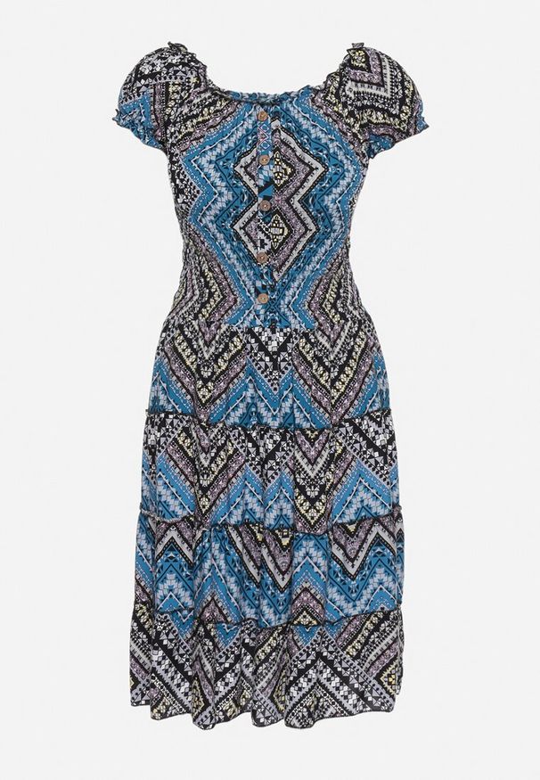 Born2be - Zielono-Czarna Sukienka Bawełniana Hiszpanka w Stylu Boho Raelinora. Typ kołnierza: dekolt hiszpanka. Kolor: zielony. Materiał: bawełna. Styl: boho