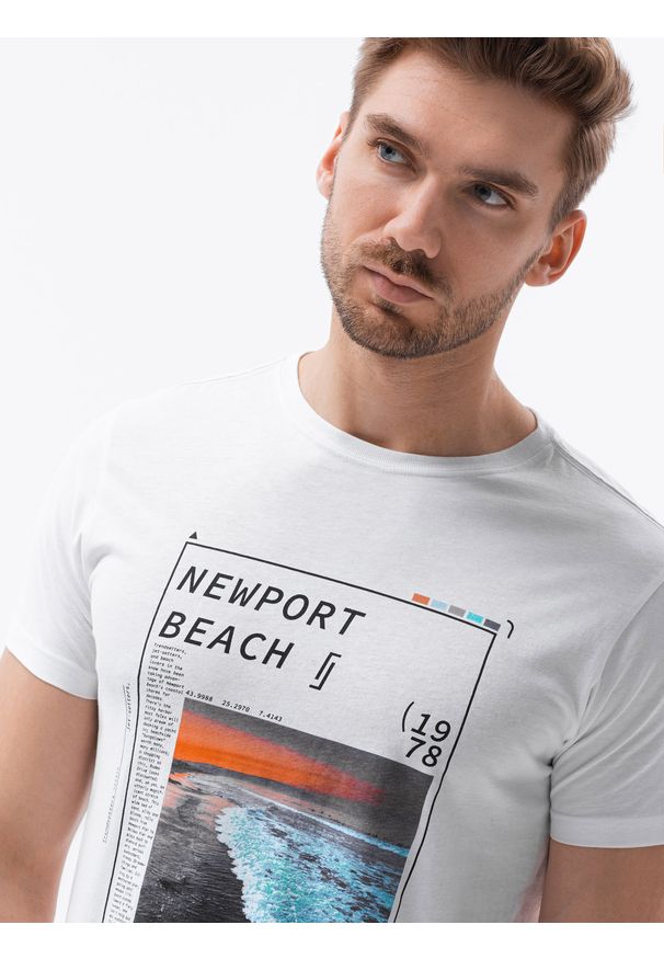 Ombre Clothing - T-shirt męski z nadrukiem S1434 V-15A - biały - XXL. Kolor: biały. Materiał: bawełna. Wzór: nadruk. Styl: klasyczny