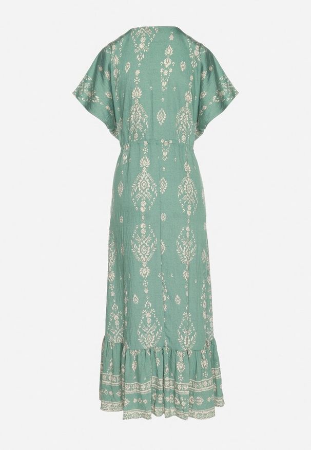 Born2be - Zielona Sukienka Rozkloszowana z Wiskozą w Boho Wzór z Falbaną Turaline. Typ kołnierza: kołnierz z falbankami. Kolor: zielony. Materiał: wiskoza. Sezon: lato. Typ sukienki: rozkloszowane. Styl: boho