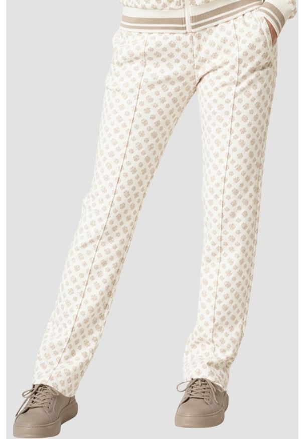 Guess - GUESS Beżowe spodnie damskie z monogramem, Rozmiar XS. Kolor: beżowy. Styl: elegancki