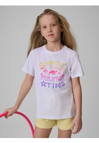 4f - 4F T-shirt regular z nadrukiem dziewczęcy - biały 164 (13-14 lat). Okazja: na co dzień. Kolor: biały. Materiał: dzianina, bawełna. Wzór: nadruk. Sezon: lato. Styl: casual #1