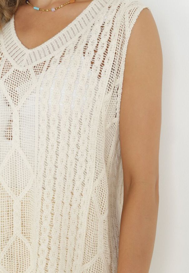 Born2be - Beżowy Dzianinowy Top w Stylu Kamizelki z Bawełny Blancita. Kolor: beżowy. Materiał: dzianina, bawełna. Wzór: ażurowy