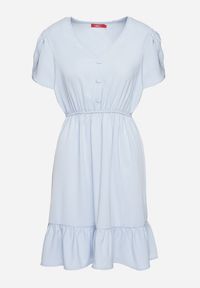 Born2be - Jasnoniebieska Rozkloszowana Sukienka z Gumką w Talii i Falbanką Welimia. Kolor: niebieski #7