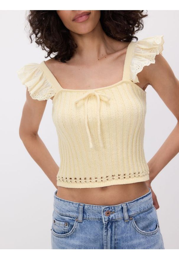 Reserved - Bluzka z wiązaniem - jasnożółty. Kolor: żółty. Materiał: dzianina, bawełna