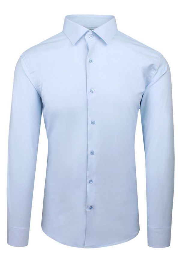 Wyszczuplona, Elegancka Koszula Męska - Victorio - Błękit. Kolor: niebieski. Materiał: poliester, bawełna, elastan. Styl: elegancki