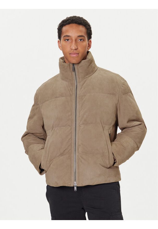 BOSS Kurtka skórzana Jocamp 50547546 Beżowy Relaxed Fit. Kolor: beżowy. Materiał: skóra