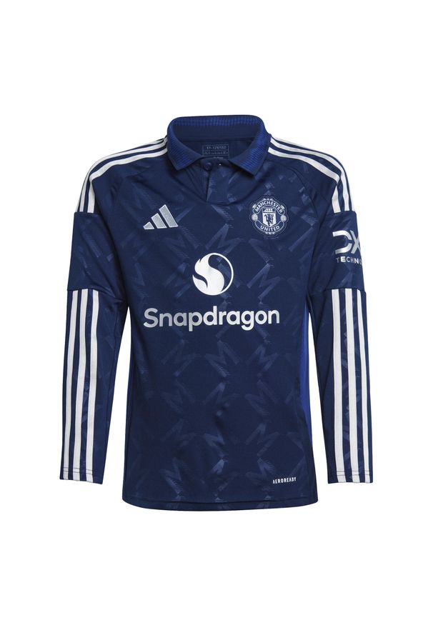 Adidas - Dziecięca koszulka wyjazdowa z długim rękawem Manchester United 2024/25. Kolor: niebieski. Materiał: materiał. Długość rękawa: długi rękaw. Długość: długie. Sport: piłka nożna
