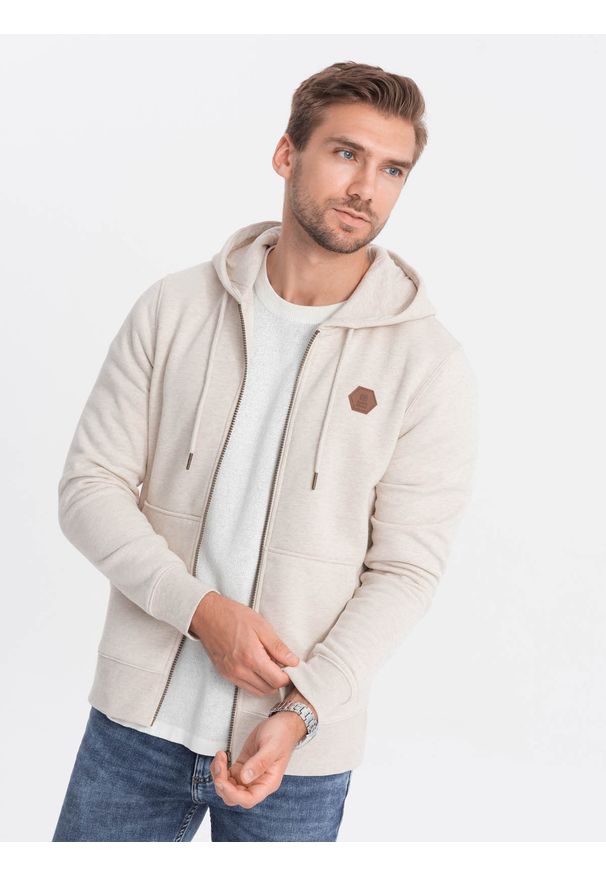 Ombre Clothing - Rozpinana bluza męska HOODIE z przyjemnej dzianiny - kremowy melanż V1 OM-SSZP-0116 - XXL. Kolor: kremowy. Materiał: dzianina. Wzór: melanż