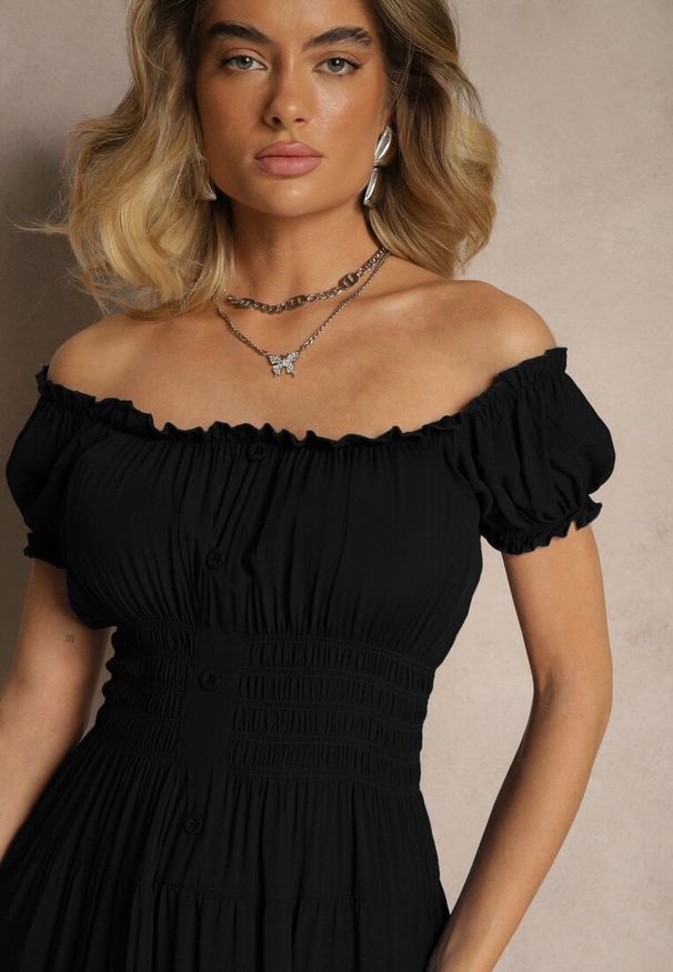 Renee - Czarna Sukienka Rozkloszowana z Bawełny z Bufiastymi Rękawami i Guzikami Anniliana. Okazja: na co dzień. Kolor: czarny. Materiał: bawełna. Typ sukienki: rozkloszowane, proste. Styl: elegancki, casual, klasyczny