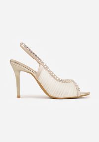 Renee - Złote Sandały Slingback VICES z Siateczki na Szpilce Zdobione Cyrkoniami Aethipe. Nosek buta: otwarty. Kolor: złoty. Materiał: skóra, materiał. Wzór: aplikacja. Sezon: lato. Obcas: na szpilce. Wysokość obcasa: średni #8