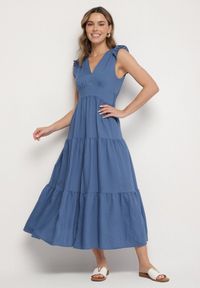 Born2be - Niebieska Wiskozowa Sukienka z Falbankami Sadoline. Okazja: na co dzień. Typ kołnierza: kołnierz z falbankami. Kolor: niebieski. Materiał: wiskoza. Styl: boho, casual #1