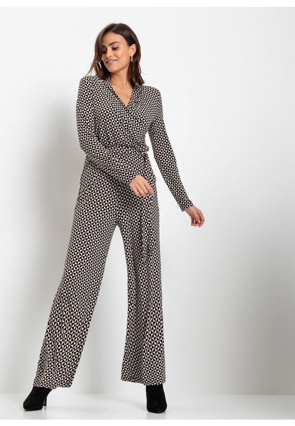 bonprix - Kombinezon z dżerseju. Kolor: czarny. Materiał: jersey. Wzór: nadruk