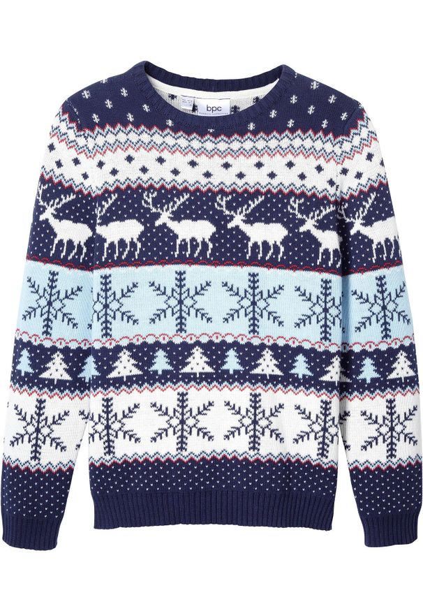 bonprix - Sweter chłopięcy w renifery. Kolor: niebieski. Materiał: bawełna. Wzór: nadruk, prążki