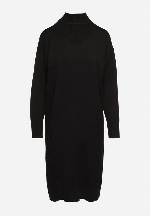 Born2be - Czarna Sweterkowa Sukienka Półgolf z Modalem i Wiskozą Ozdobiona Prążkowanymi Wstawkami Ennaira. Okazja: na spotkanie biznesowe. Kolor: czarny. Materiał: prążkowany, wiskoza. Długość rękawa: długi rękaw. Wzór: aplikacja. Styl: klasyczny, biznesowy