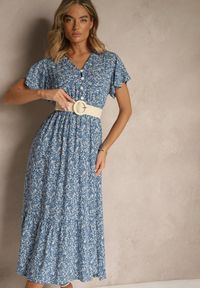 Renee - Niebieska Rozkloszowana Kwiatowa Sukienka z Bawełny Ozdobiona Guzikami Izirella. Okazja: na co dzień. Kolor: niebieski. Materiał: bawełna. Wzór: aplikacja, kwiaty. Sezon: lato. Typ sukienki: proste. Styl: casual