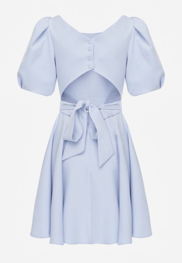 Renee - Niebieska Elegancka Sukienka z Bufiastymi Rękawami Odkrytymi Plecami i Wiązaniem Haritte. Kolor: niebieski. Typ sukienki: rozkloszowane. Styl: elegancki