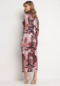 Born2be - Brązowa Siateczkowa Sukienka Maxi z Marszczeniem i Rozcięciem Valpuri. Kolor: brązowy. Materiał: tkanina. Wzór: aplikacja. Styl: elegancki. Długość: maxi #5