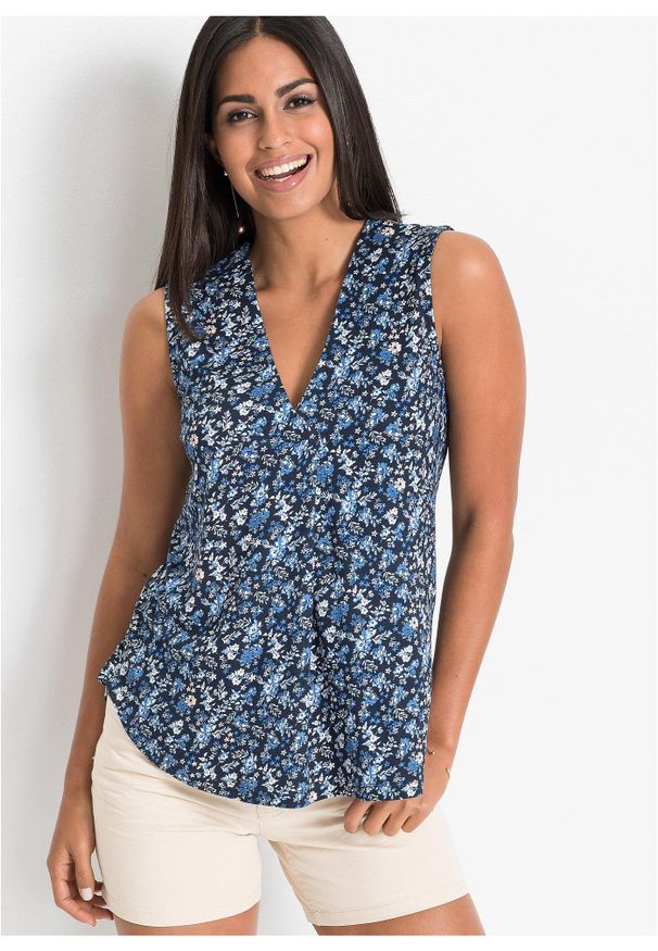 bonprix - Top z mieszanki wiskozy. Typ kołnierza: dekolt w serek. Kolor: niebieski. Materiał: wiskoza. Wzór: nadruk