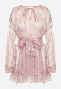 Born2be - Różowa Sukienka Ozdobiona Wiązaniem i Paskiem Nivoren. Okazja: na co dzień. Kolor: różowy. Długość rękawa: długi rękaw. Wzór: aplikacja. Typ sukienki: proste. Styl: elegancki, casual #4