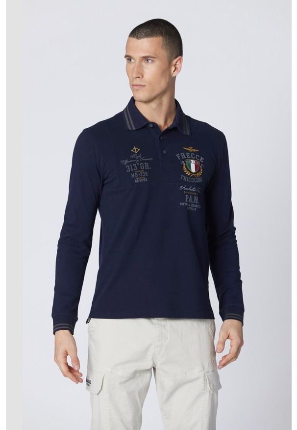 Aeronautica Militare - AERONAUTICA MILITARE Granatowy męski longsleeve polo P.A.N.. Typ kołnierza: polo. Kolor: niebieski. Długość rękawa: długi rękaw