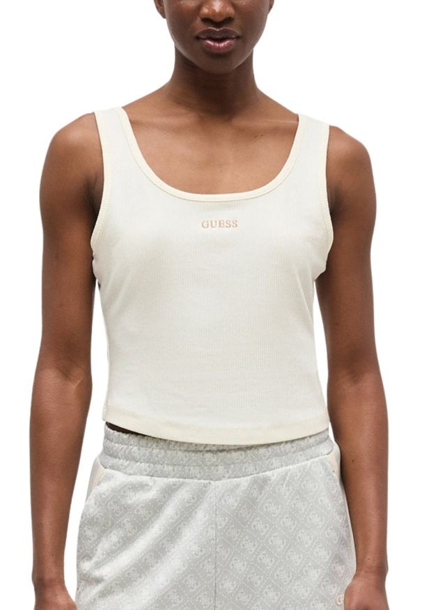 Guess - GUESS Kremowy damski tank top Circe, Rozmiar M. Okazja: na co dzień. Kolor: beżowy. Materiał: prążkowany, materiał. Styl: casual