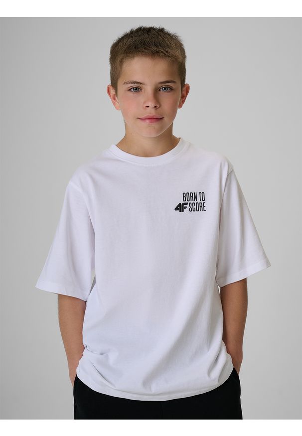 4f - 4F T-shirt loose z nadrukiem chłopięcy - biały 134/140 (8-10 lat). Okazja: na spacer, na uczelnię, na co dzień. Kolor: biały. Materiał: materiał, bawełna, dzianina. Wzór: nadruk. Sezon: lato. Styl: casual