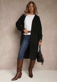 Renee - Czarny Długi Kardigan Niezapinany z Bawełną Ferrive. Okazja: na co dzień. Kolor: czarny. Materiał: bawełna. Długość: długie. Styl: casual #5