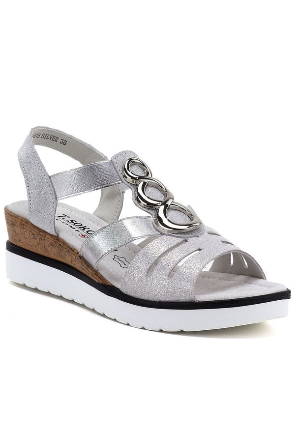 Skórzane sandały damskie na koturnie srebrne T.Sokolski L26-619. Kolor: srebrny. Materiał: skóra. Obcas: na koturnie