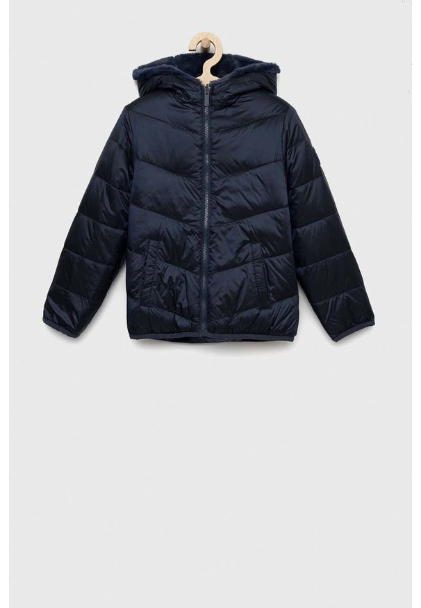 Abercrombie & Fitch kurtka dwustronna dziecięca kolor niebieski. Okazja: na co dzień. Typ kołnierza: kaptur. Kolor: niebieski. Materiał: poliester. Styl: casual
