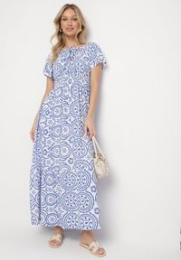 Born2be - Niebiesko-Biała Rozkloszowana Sukienka z Bawełną i Abstrakcyjnym Wzorem Ldivoria. Okazja: na spacer, na imprezę. Kolor: niebieski. Materiał: bawełna. Styl: elegancki #6
