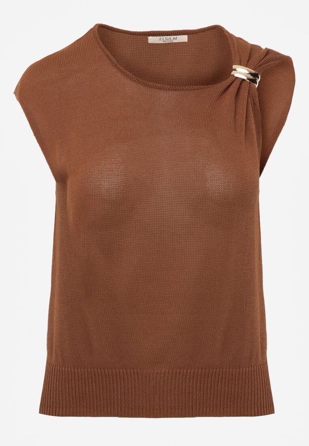 Renee - Brązowa Wiskozowa Bluzka Bez Rękawów z Dzianiny Zdobiona Metaliczną Aplikacją Alutina. Okazja: na co dzień. Kolor: brązowy. Materiał: dzianina, wiskoza. Długość rękawa: bez rękawów. Wzór: aplikacja. Styl: glamour, casual, street, elegancki