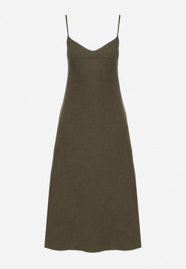 Born2be - Zielona Sukienka o Rozkloszowanym Kroju na Ramiączkach Naouise. Okazja: na wesele, na randkę, na ślub cywilny. Typ kołnierza: dekolt w kształcie V. Kolor: zielony. Materiał: lakier, tkanina. Długość rękawa: na ramiączkach. Sezon: lato. Typ sukienki: rozkloszowane, oversize